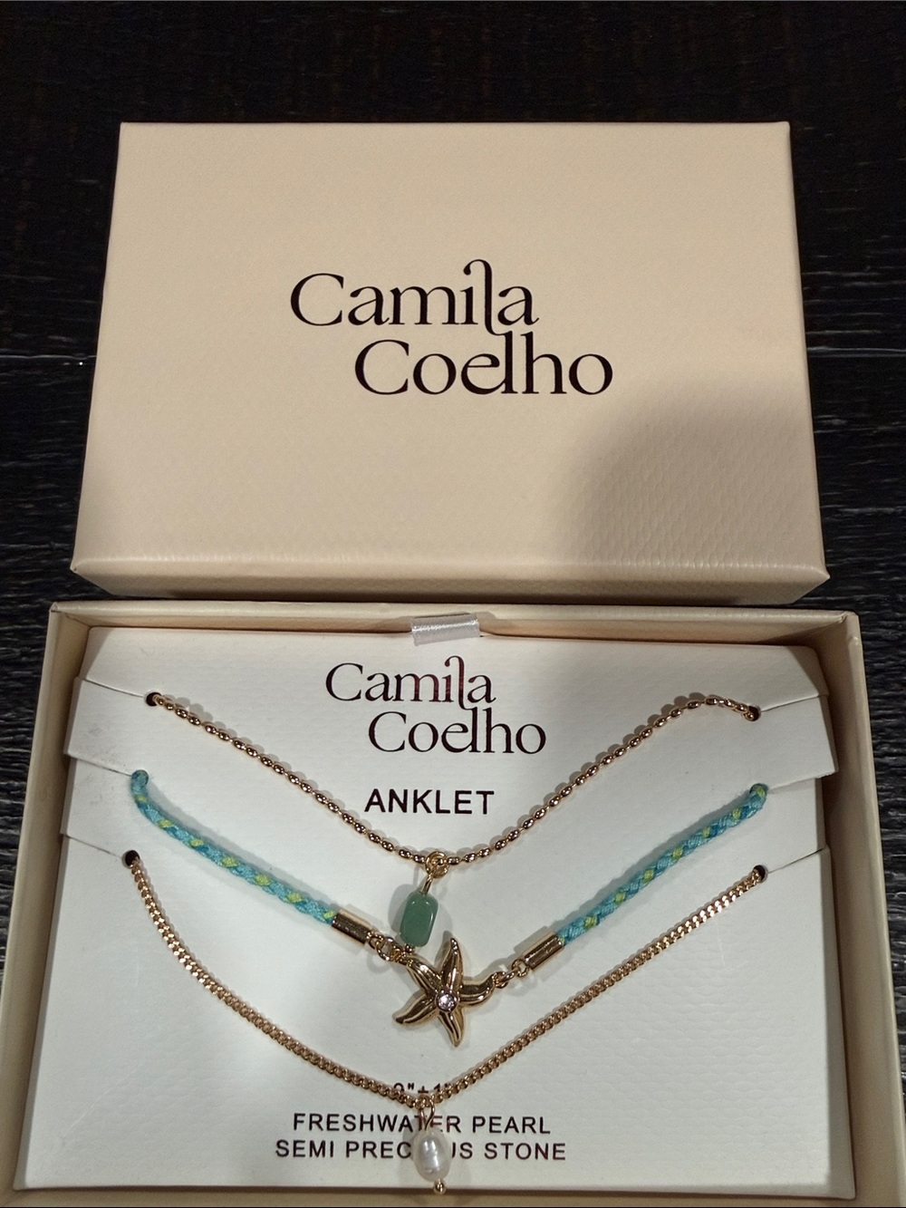 Camila Coelho Gold Starfish Anklet Set with Aqua Braided Cord and Pearl Charm